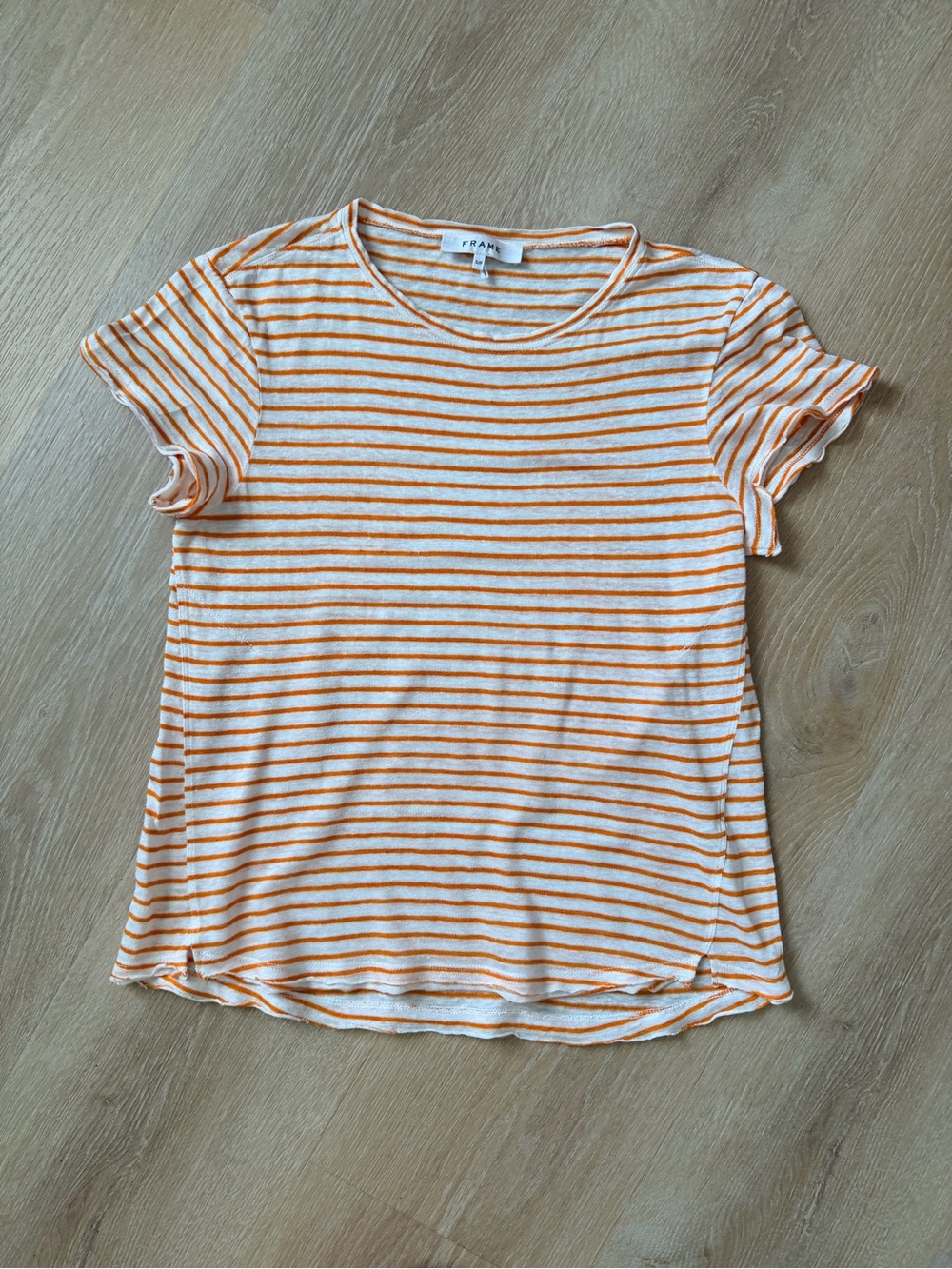 $248 FRAME Easy True Stripe 100% Organic Linen T-Shirt Tee Nectarine Multi S - Picture 5 of 9